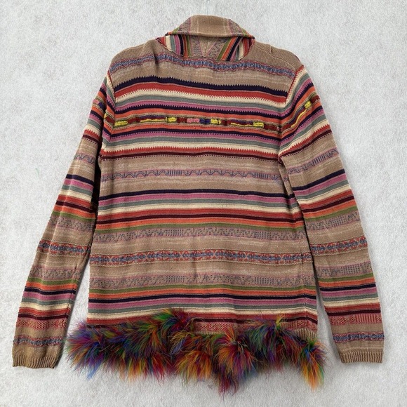 Shades of‎ Grey Cardigan Sweater Womens MED Colorful Striped Linen Feathers Boho - Picture 2 of 9